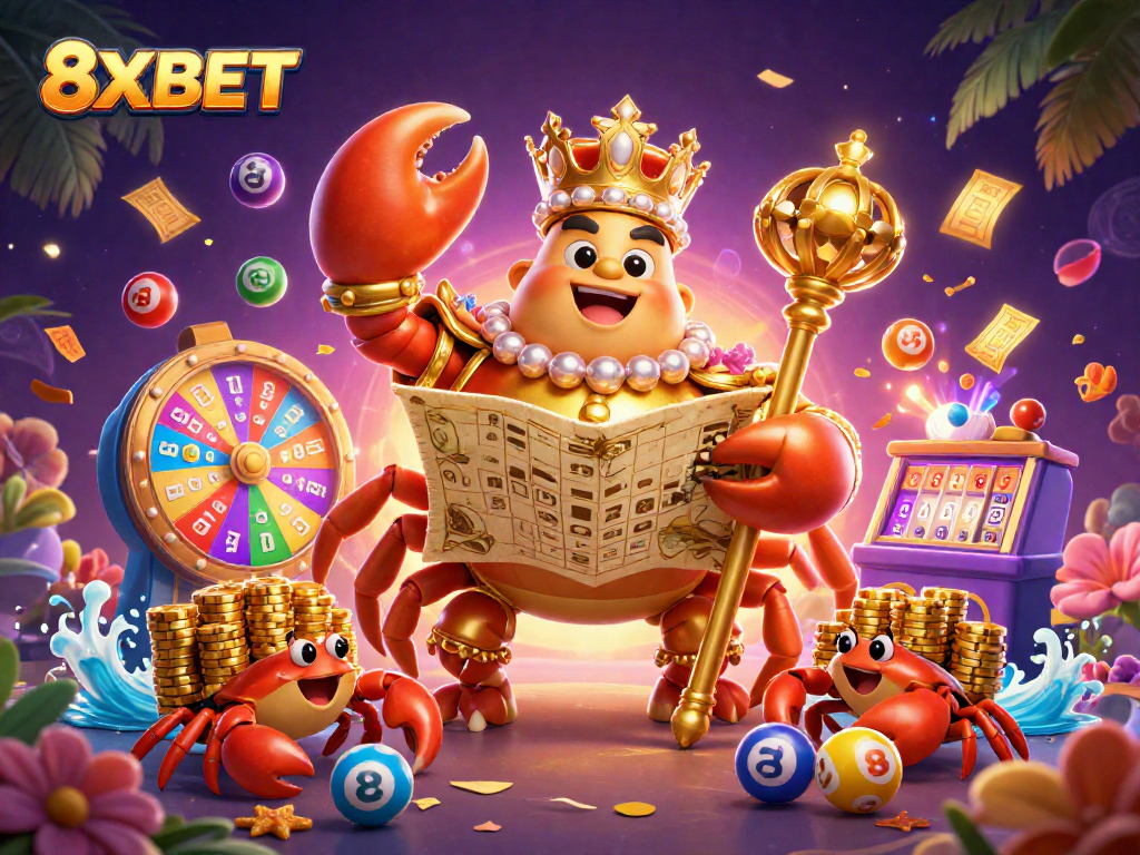 Experience thrilling gambling at 8XBET with colorful lottery games and a golden crab emperor.