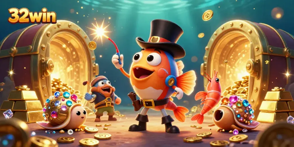 Engage with 32win through vibrant underwater casino elements featuring a deep-sea anglerfish and treasures.