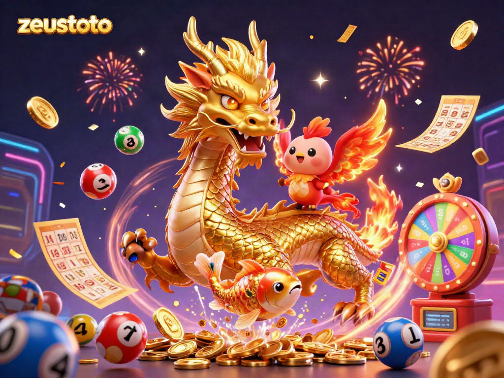 Play exciting games with zeustoto, featuring animated dragons, lottery balls, and vibrant celebrations.