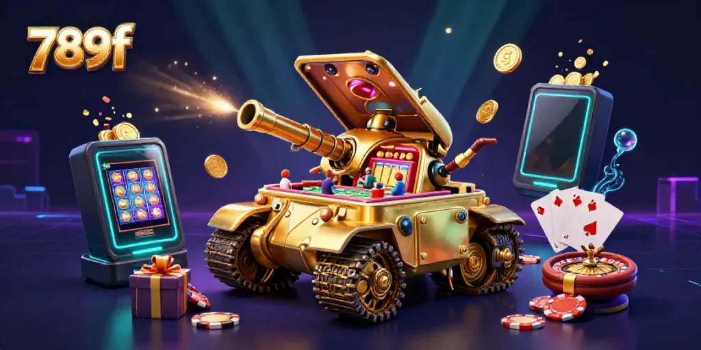Explore the vibrant 789f casino scene, with a golden beetle tank hosting miniature games and coins bursting.