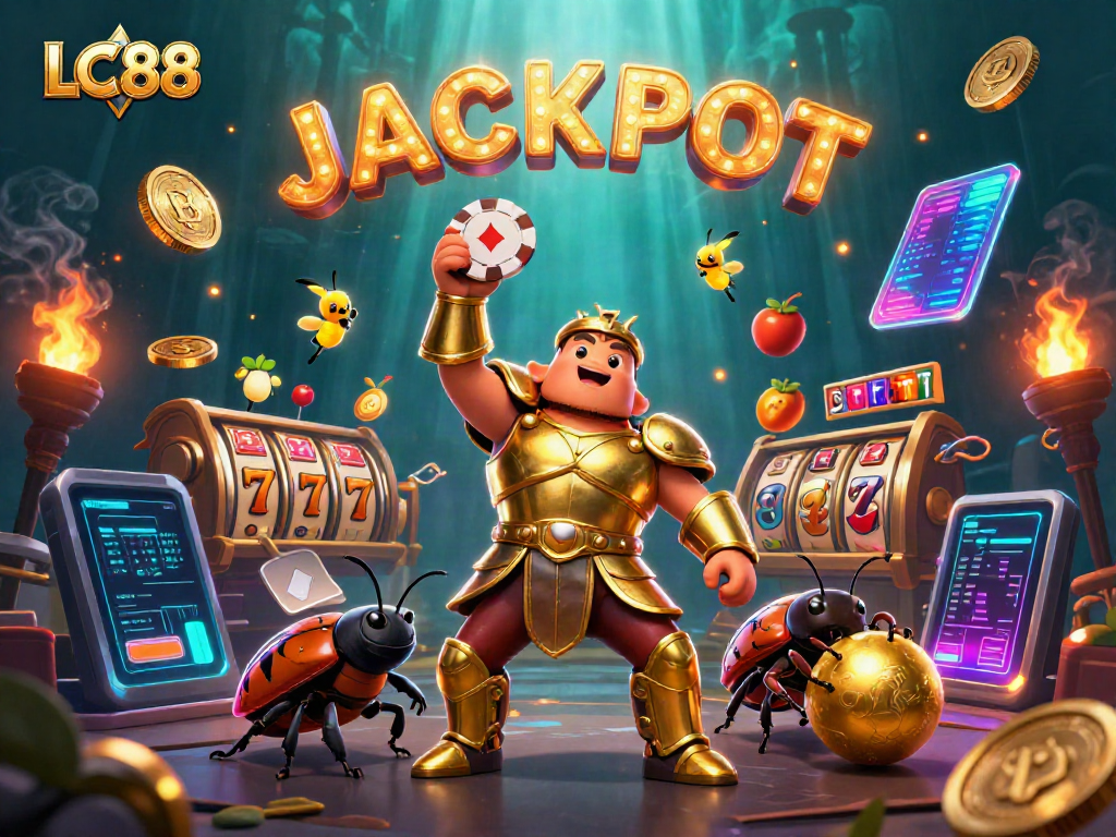 Experience the excitement of LC88 with a victorious beetle lifting a poker chip and jackpots all around.