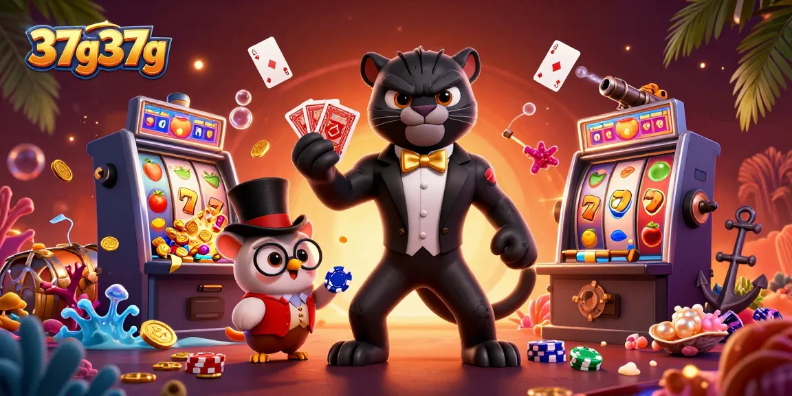 Engage with thrilling slots at 37g37g featuring a stylish panther, wise owl, and lucky mouse amidst rich casino elements.