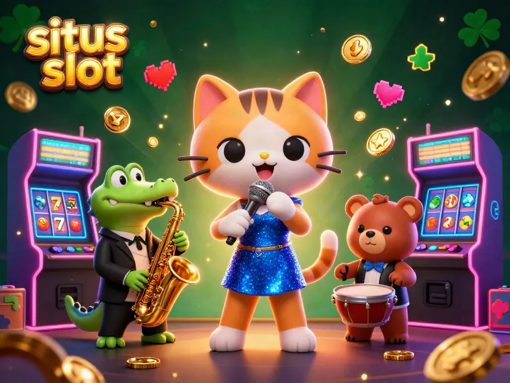 Experience vibrant situs slot action with animated characters in a dazzling casino scene.