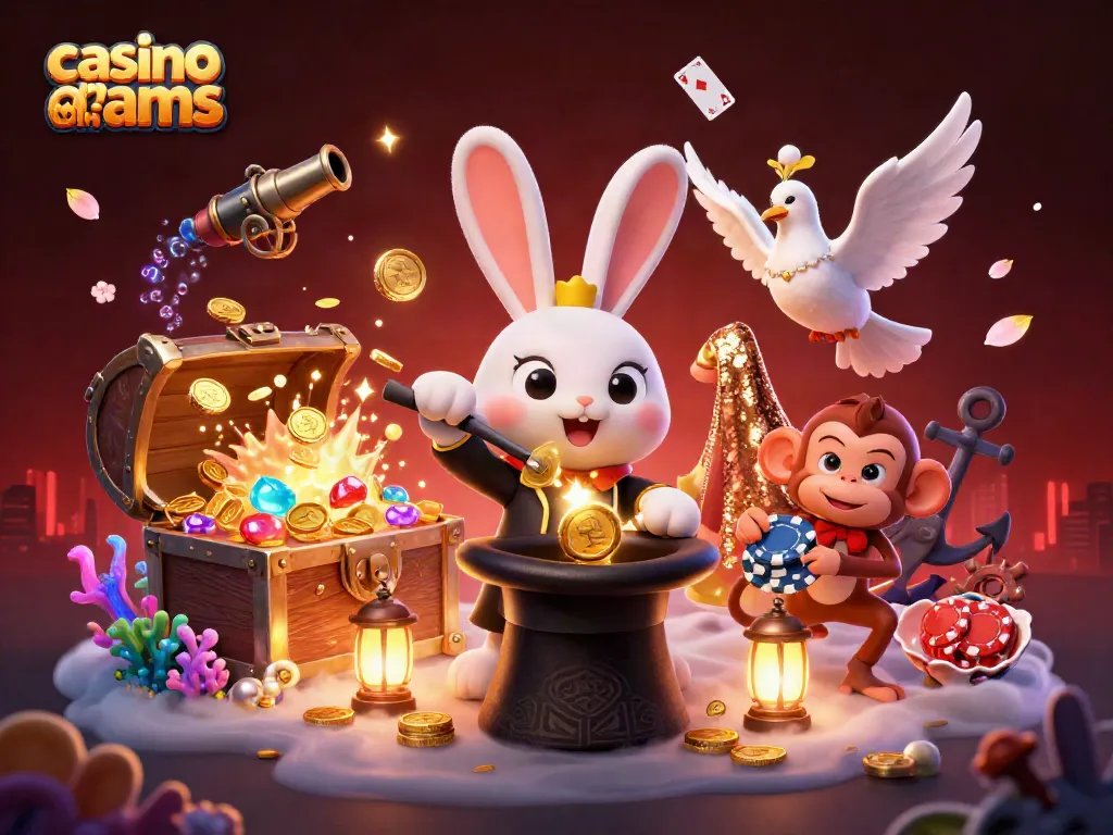 Giocando nei migliori casino non AAMS, il coniglio magico e i suoi amici animano il tavolo da gioco con gettoni e scintille di fortuna.