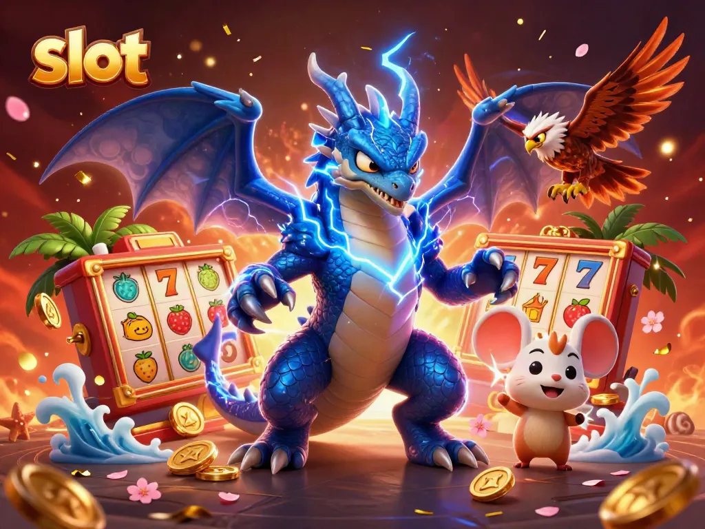 Spin the slot reels with exciting dragon and bird characters surrounded by golden game elements.