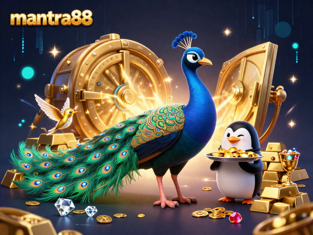 Engage with mantra88's vibrant 3D casino-themed illustration showcasing a dazzling peacock, a penguin butler, and a hummingbird amidst gold treasures.