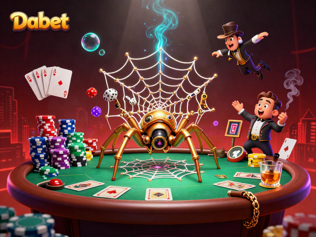 Dabet showcases a thrilling steampunk scene with a golden spider, poker elements, and dramatic lighting.