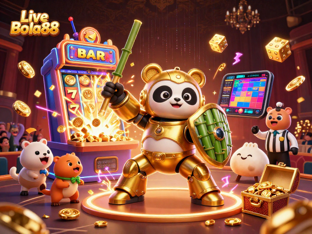 Experience thrill at Live Bola88 with a dynamic 3D casino scene bursting with action and excitement.