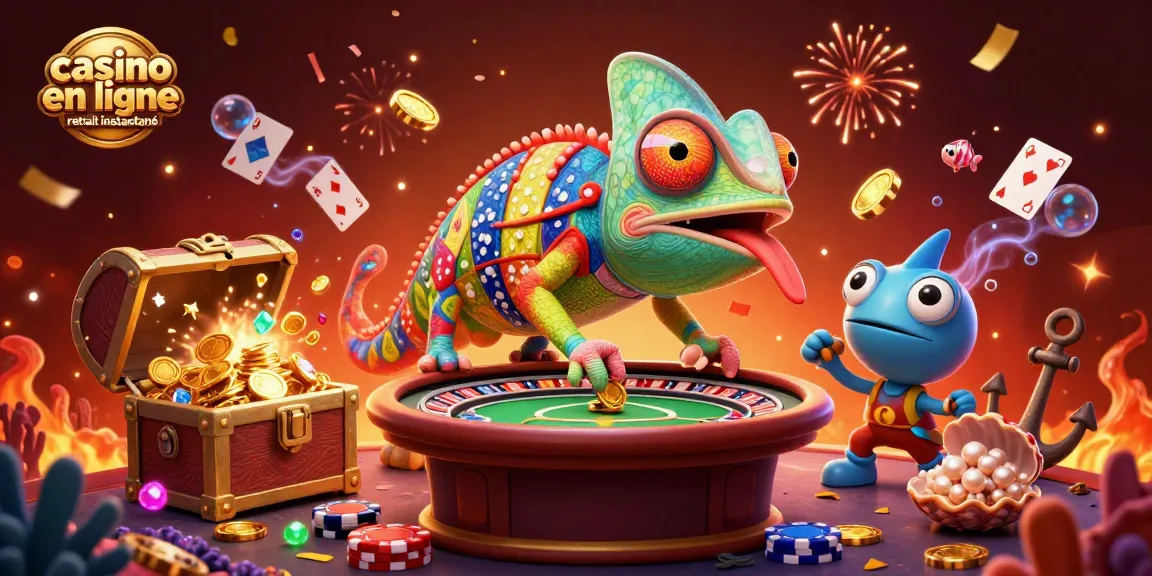 Plongée dans l'univers du casino en ligne retrait instantané avec un caméléon coloré, des pièces d'or et des cartes flottantes.