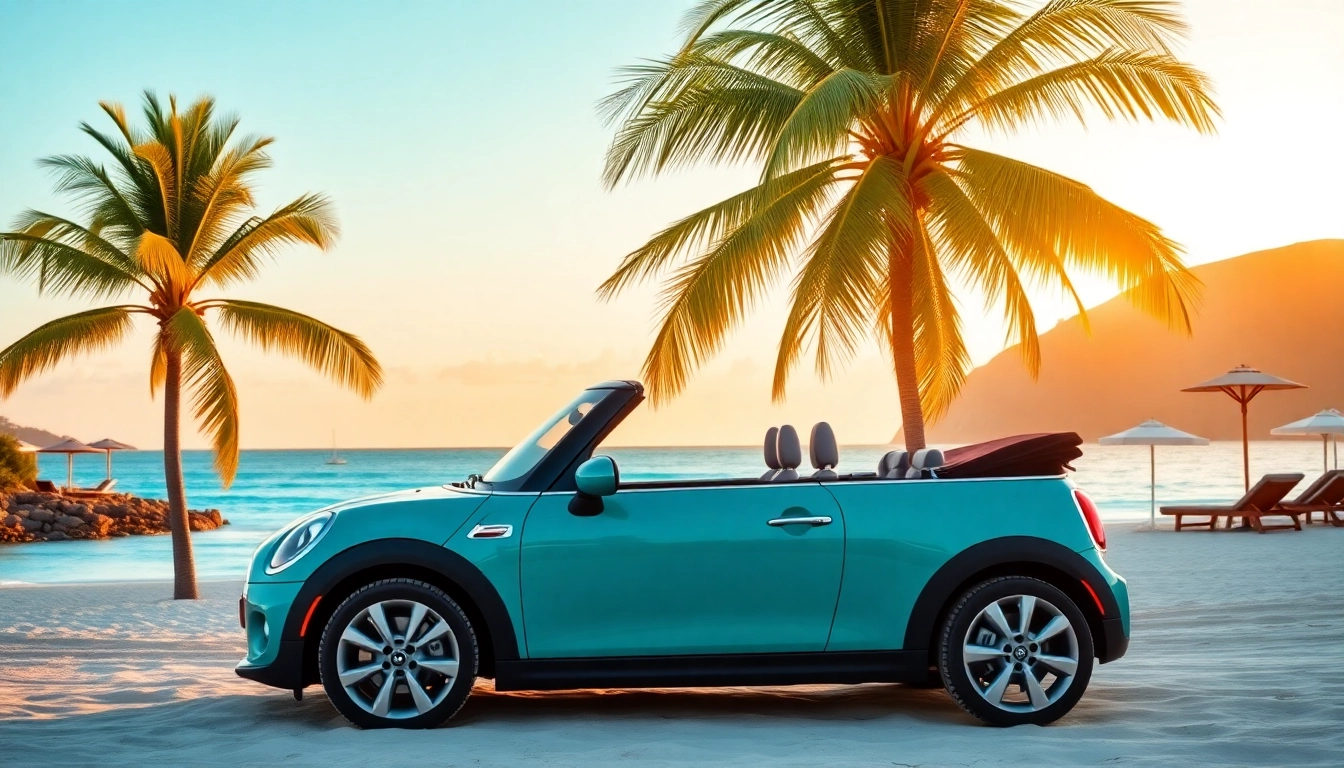 Experience a stunning Mini Cooper st barths rental against a picturesque tropical backdrop.