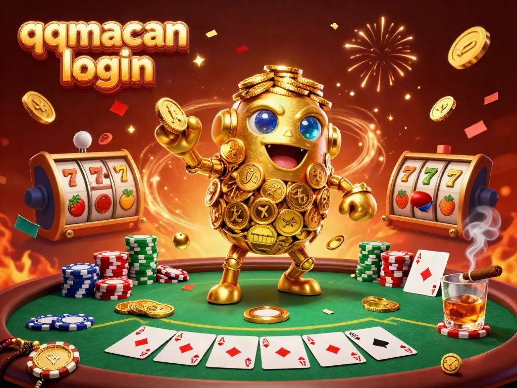 Experience the thrilling qqmacan login with vibrant poker and slot elements in a rich, animated scene.