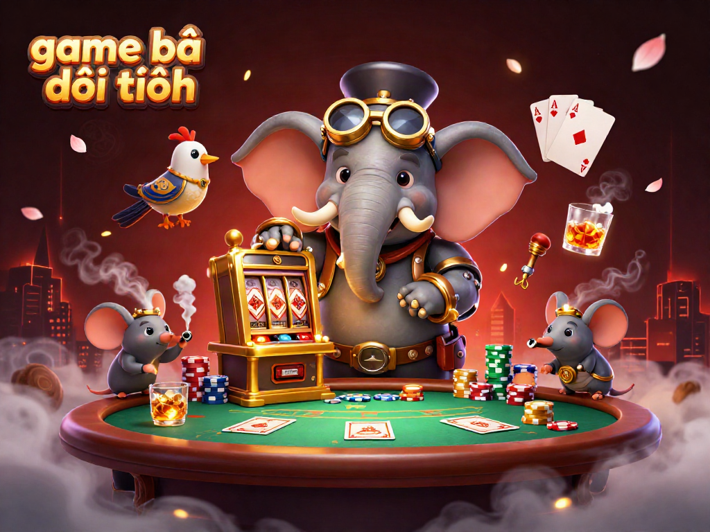 Experience thrilling game bài đổi thưởng with our steampunk elephant and vibrant casino ambiance.