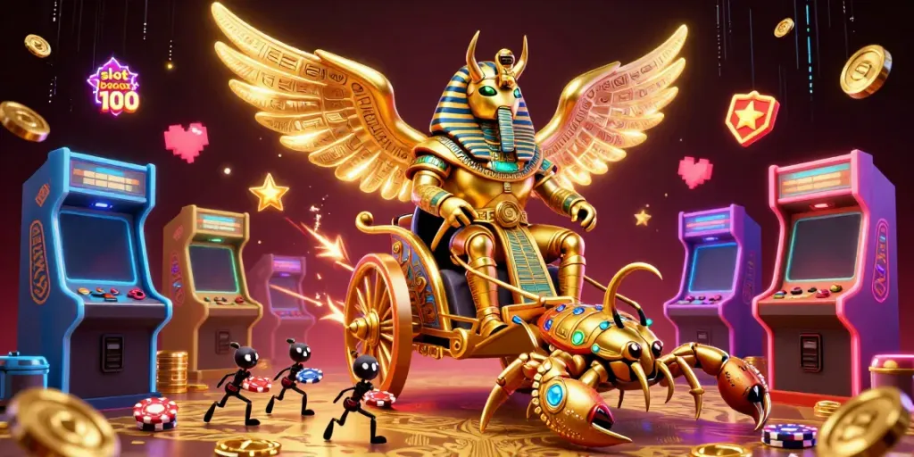 Experience the excitement of slot bonus 100 with a golden scarab beetle and scorpions in a vibrant 3D casino scene.