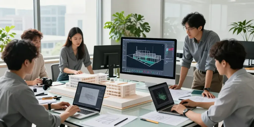 Collaborative team using architectural BIM modeling services in a modern office setting.