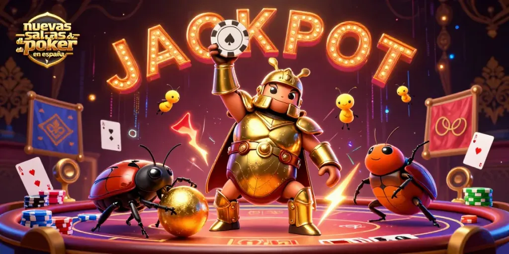 Disfruta de nuevas salas de poker online en España con un simpático escarabajo levantando fichas en un ambiente vibrante.
