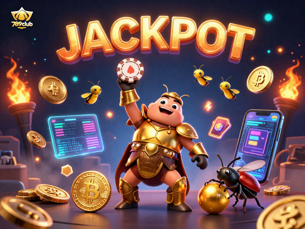 Join the fun at 789club as a victorious beetle celebrates a big win, surrounded by glowing crypto elements.