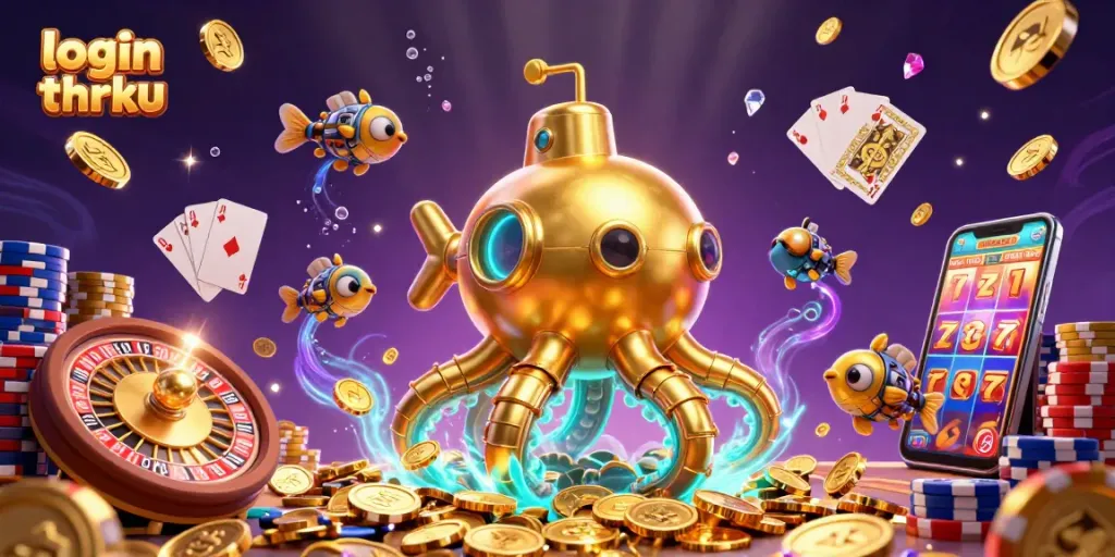 Play exciting games at login thrku with a vibrant underwater casino scene filled with golden treasures.