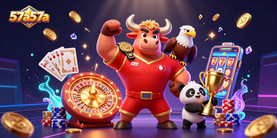 Aposte no 57a57a com uma cena vibrante de vitória do mascote do touro, águia, panda e elementos de cassino.