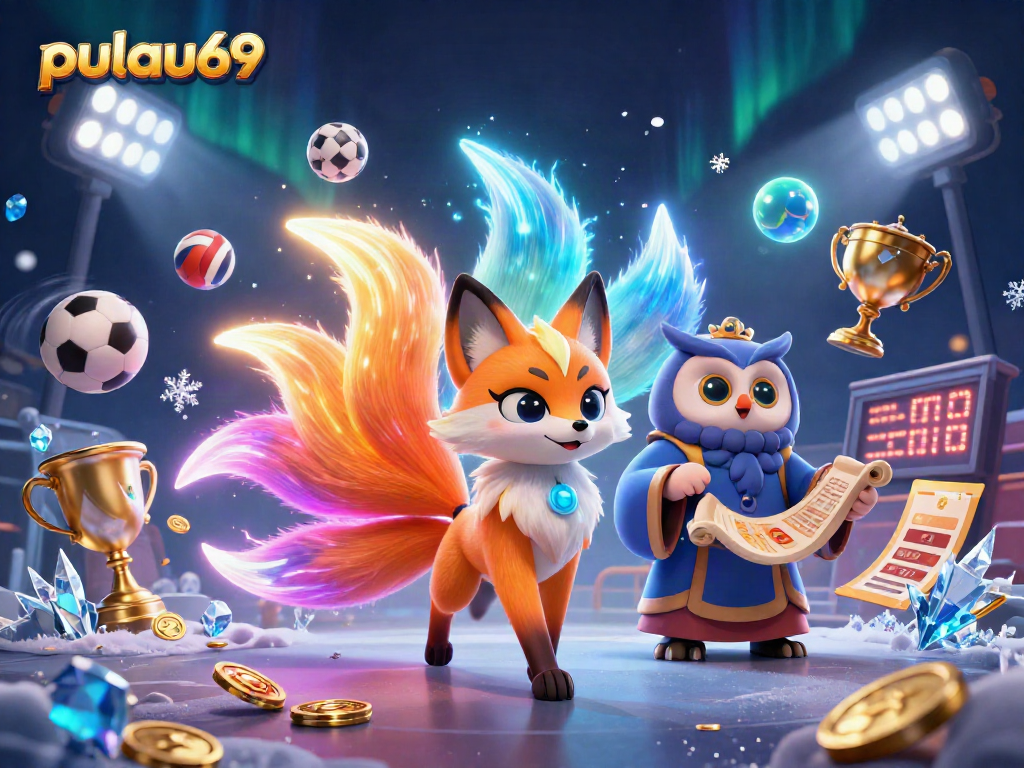 Engage with pulau69 through a vibrant scene filled with dynamic sports elements and colorful 3D characters.