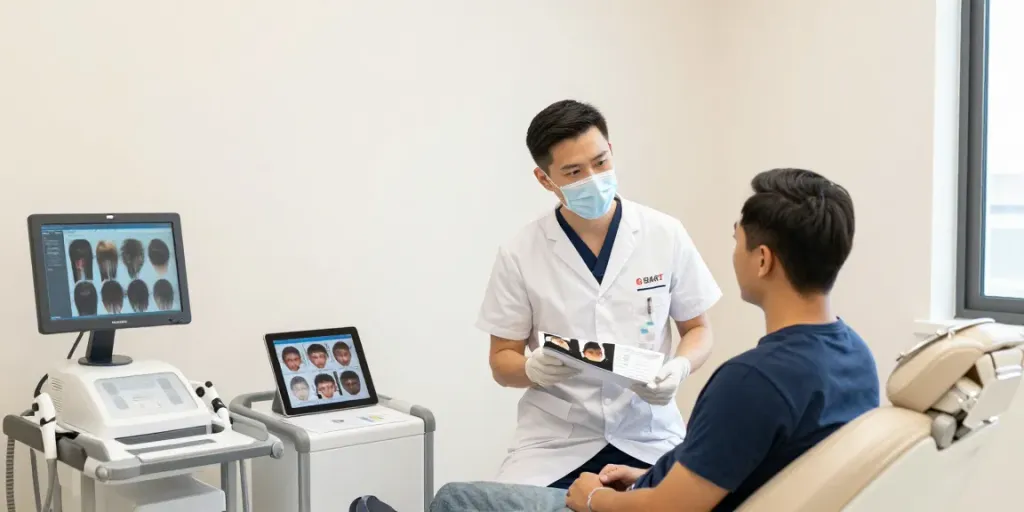 Hair transplant consultation at modern clinic focusing on SMART™ FUE technique.