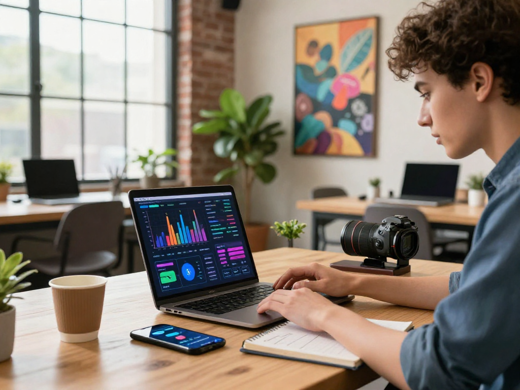 Buy app downloads statistics displayed on a laptop in a modern workspace.