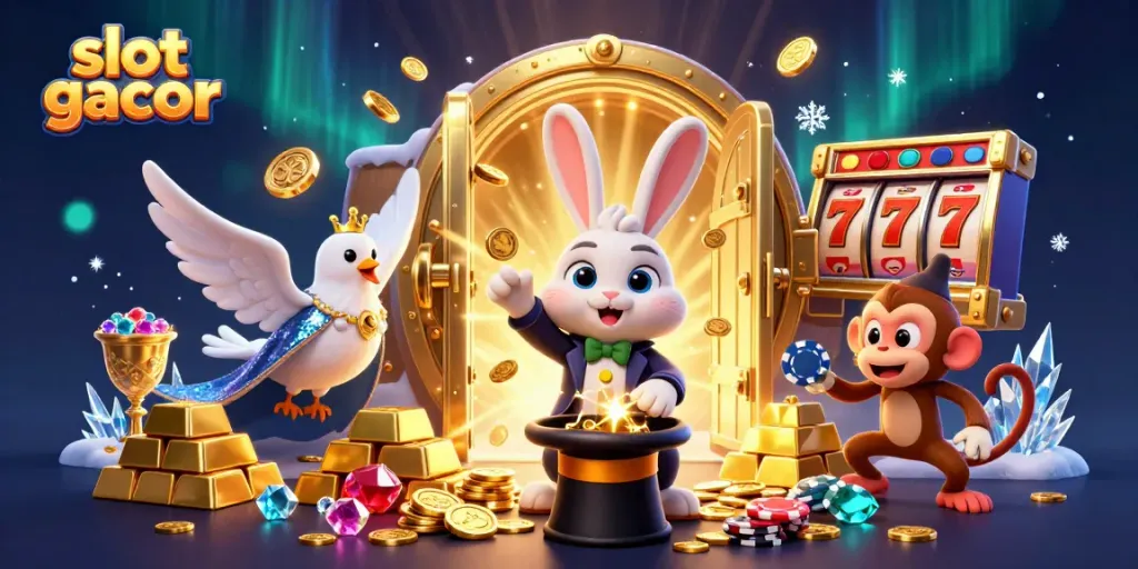 Slot gacor menampilkan ilustrasi mengagumkan dari karakter kasino, dengan efek cahaya dan efek magis.