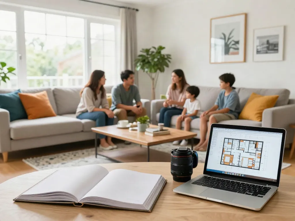 House remodeling scene with a family discussing interior design in a beautifully remodeled living room.