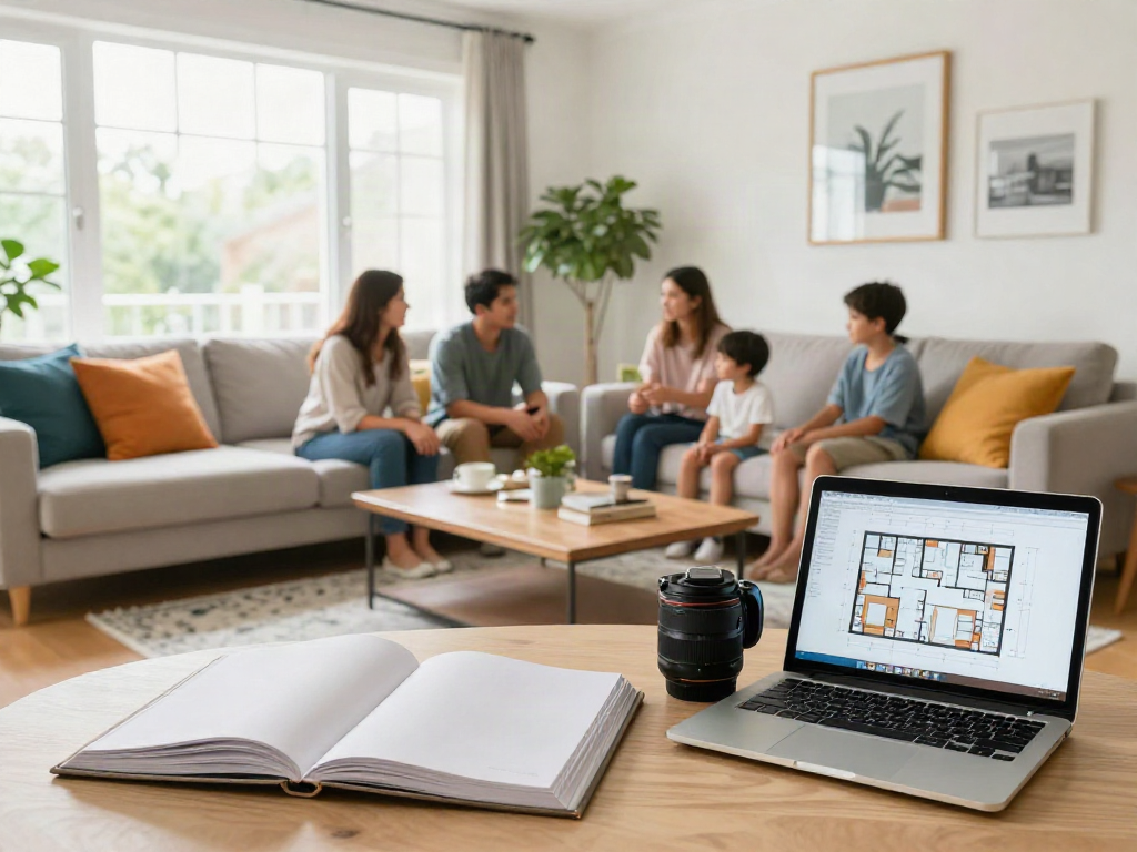 House remodeling scene with a family discussing interior design in a beautifully remodeled living room.