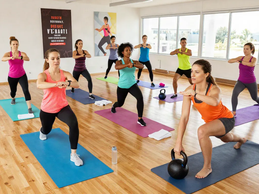 Group of fitness enthusiasts participating in a high-intensity workout class using mots-c 40mg for enhanced performance.