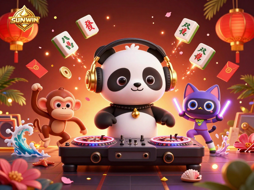 SUNWIN offers vibrant casino excitement with a DJ panda spinning and colorful elements in a captivating illustration.