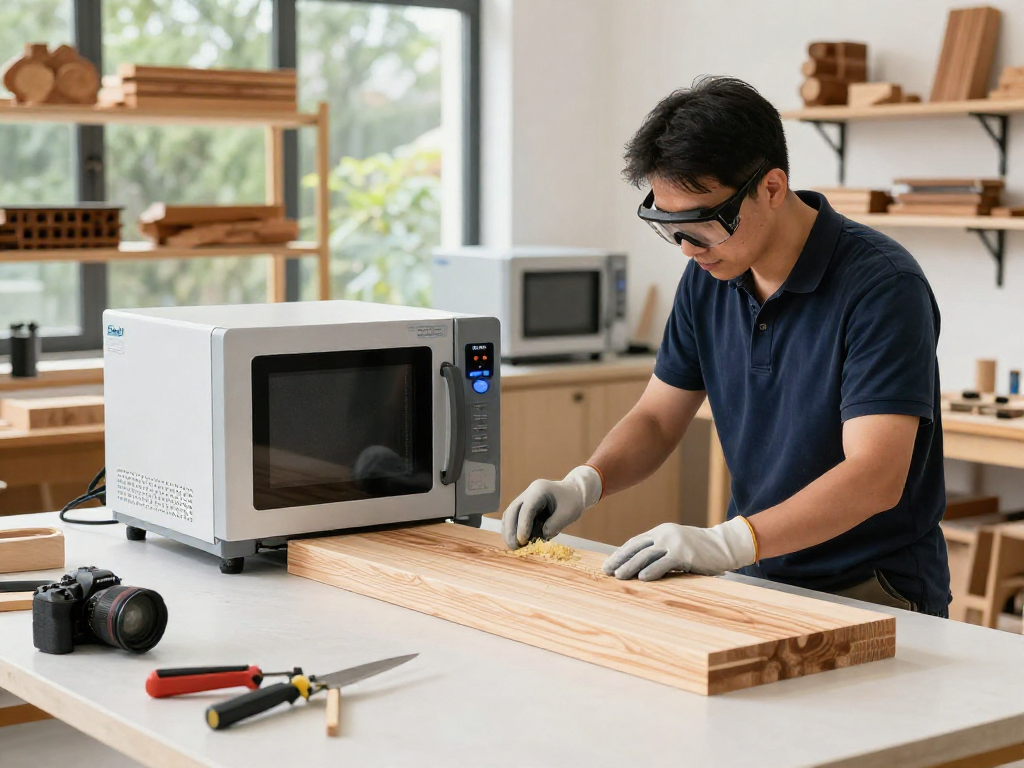 Shashel microwave technology in a wood workshop, eliminating pests efficiently.
