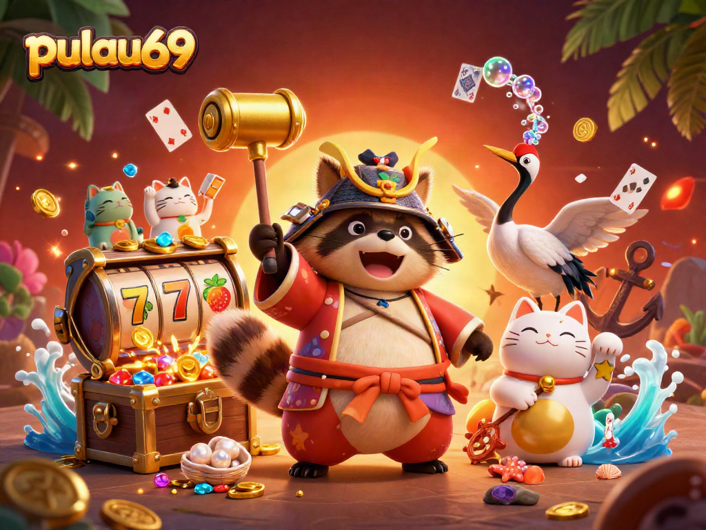 Experience excitement at pulau69 with a dynamic 3D illustration depicting casino elements and fortune cats.