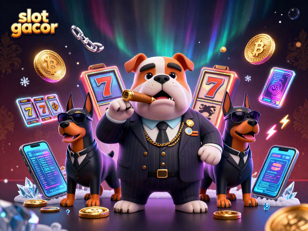 Engage with slot gacor action amidst a vibrant casino scene featuring a mafia bulldog and bodyguards.