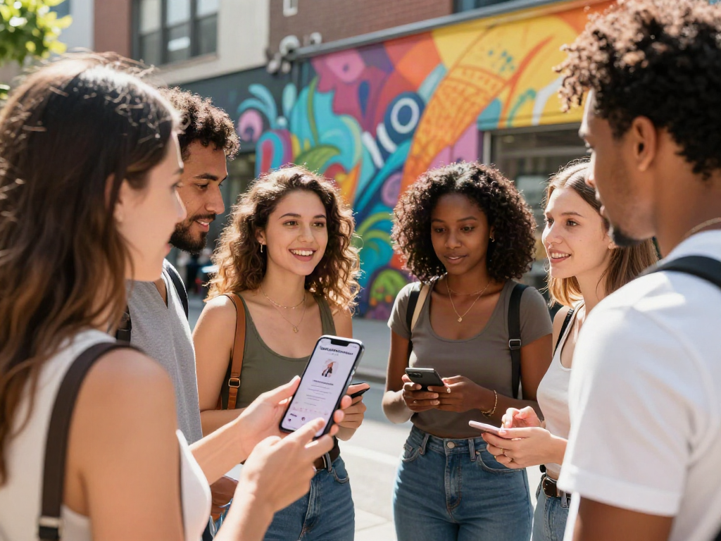 Group discussing beauty and personality while using the test attractiveness app on a smartphone in an urban setting.