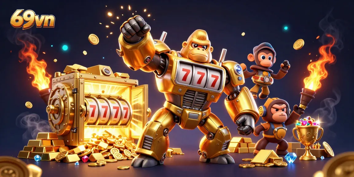 Engage with thrilling 69vn slots featuring a dynamic gorilla mech amidst a treasure scene.