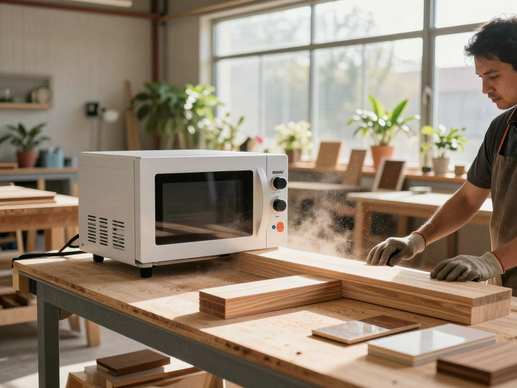SHASHEL® microwave device eliminating wood-boring insects in a workshop setting.