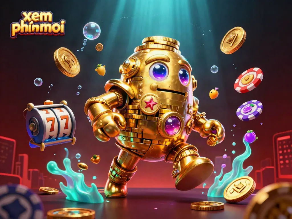 Xem phimmoi features thrilling gaming with a golden golem in a vibrant casino scene packed with excitement.