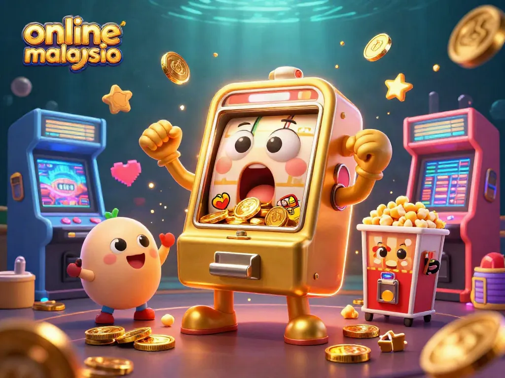 Spin and win at an online casino Malaysia, featuring a joyful golden slot machine with coins pouring out.