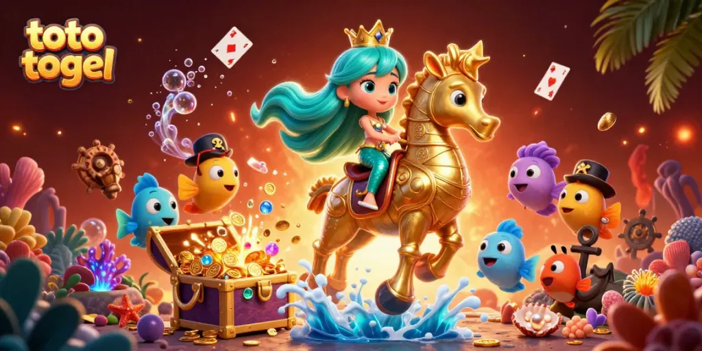 Menangkan toto togel dengan ilustrasi putri duyung menangkap ikan berwarna-warni di lautan.