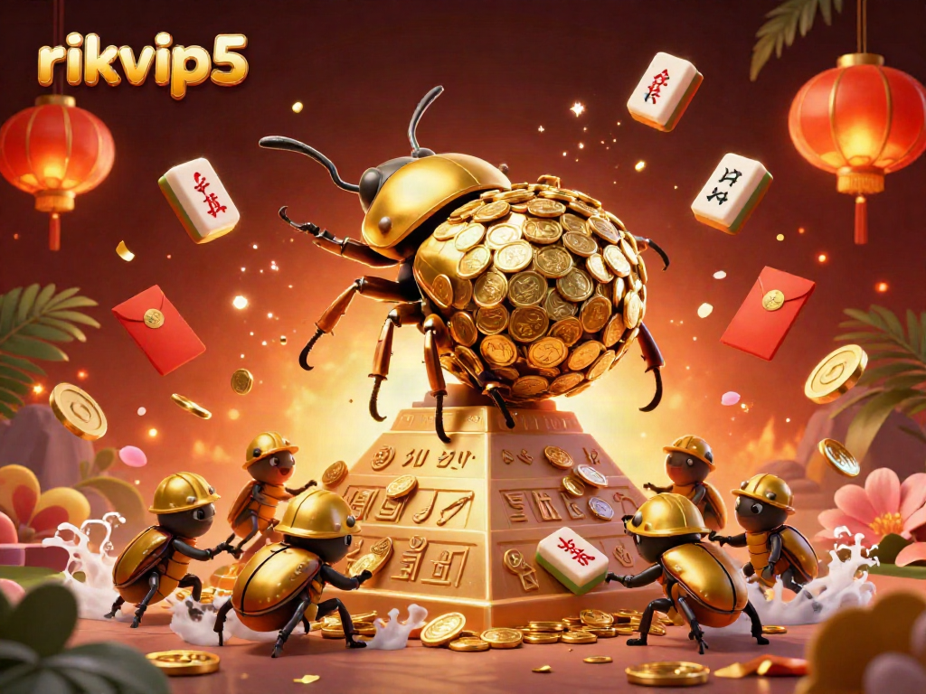 Engage with thrilling games at rikvip5, featuring a dynamic casino scene with golden elements and vibrant decorations.