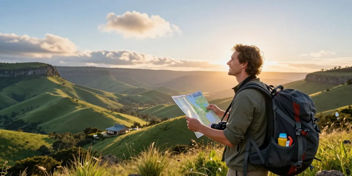 Traveler at sunrise in Magaliesburg, highlighting various accommodations and scenic beauty, ideal for Airport Transfers Service Dubai.