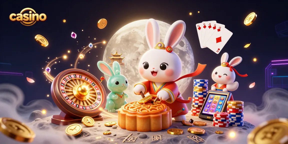 Experience the magic of casino games with a moon rabbit and poker chips illustration.