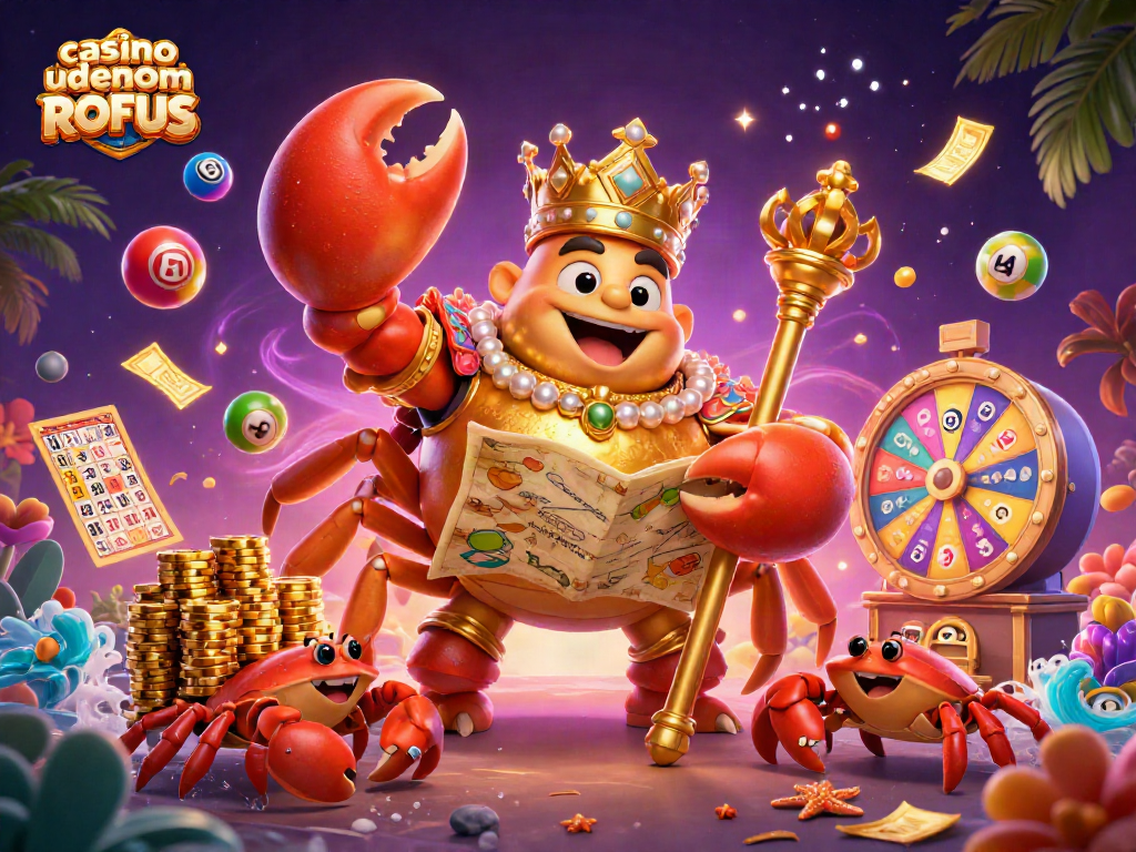 Experience the thrill of casino uden om ROFUS with gold, vibrant games, and interactive elements in a dynamic scene.