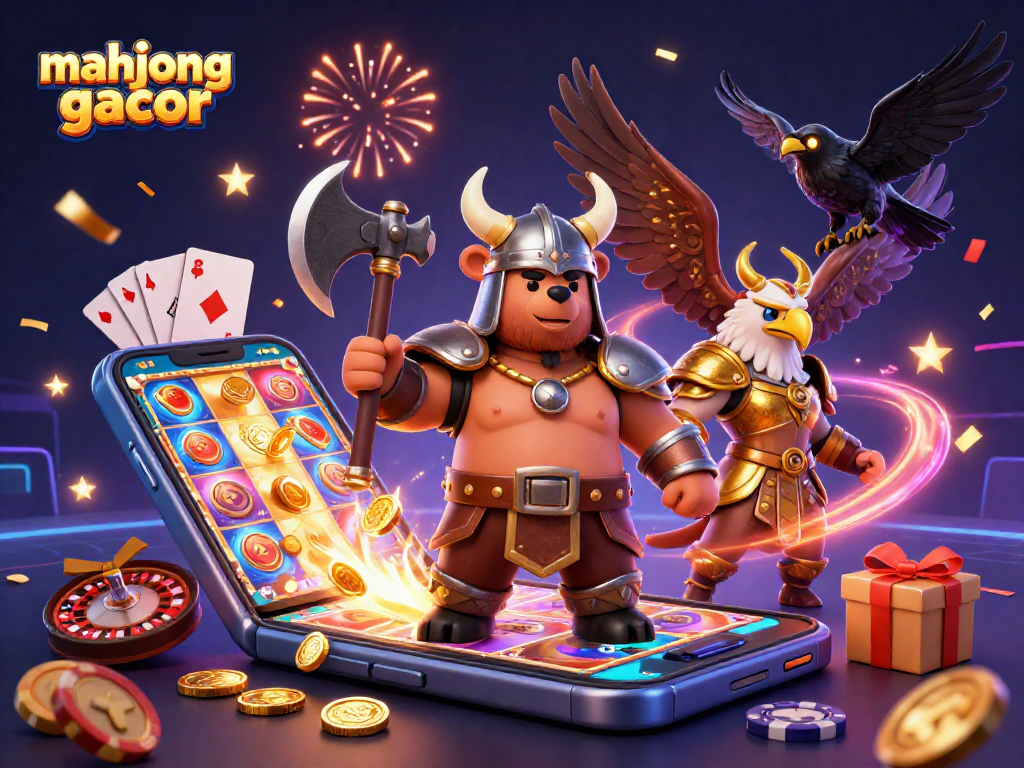 Experience the thrill of mahjong gacor in this vibrant casino-themed 3D illustration featuring mythical characters.