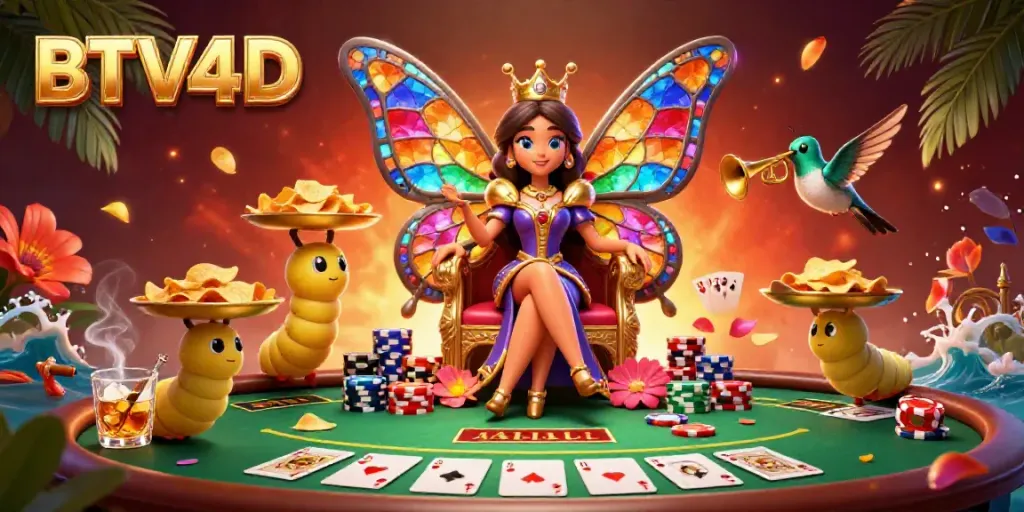 Gambarkan BTV4D dengan ratu kupu-kupu kartun dan elemen kasino yang memukau