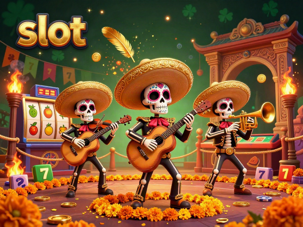 Spin the slot machines in an energetic casino atmosphere with a vibrant mariachi band playing.