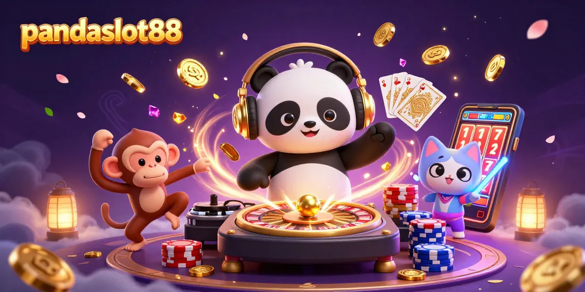Raih kemenangan di pandaslot88 dengan ilustrasi kartun 3D DJ panda yang menarik, koin emas, dan suasana kasino yang ceria.