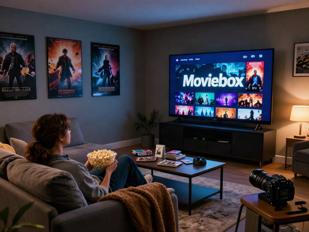 Enjoying a cozy movie night with Moviebox streaming on the big screen, surrounded by warm lighting and cinematic decor.