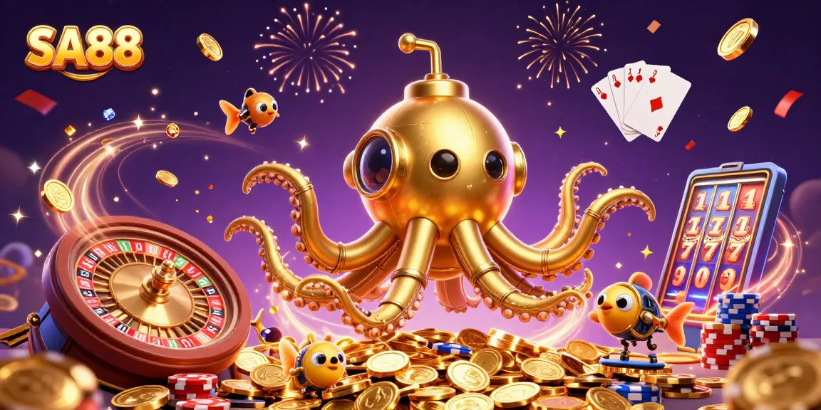 Engage with SA88's exciting world of games featuring a golden kraken submarine and coins