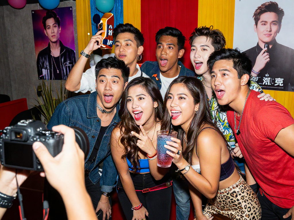 Friends celebrating their celebrity look alike moments at a vibrant party.
